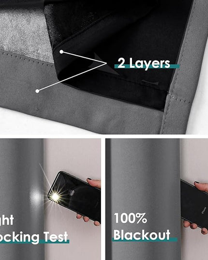 ChrisDowa 100% Blackout Curtains for Bedroom with Black Liner, 2 Thick Layers Total Blackout Thermal Insulated Grommet Window Curtains 2 Panels Set (Grey, 52 x 63 Inch)