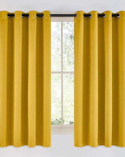 NICETOWN Room Darkening Gold Curtains 63 inch Length 2 Panels - Grommet Top Sound Reduction Privacy Faux Silk Satin Thermal Drapes for Bedroom/Living Room, W52 x L63