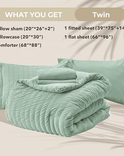 HYMOKEGE Sage Green Twin Comforter Set Seersucker 5 Pieces, All Season Luxury Bed in a Bag for Bedroom, Bedding Set with Comforters, Sheets, Pillowcase & Sham