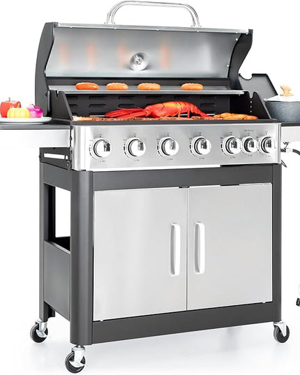 Captiva Designs 6-Burner Propane Gas BBQ Grill with Side Burner & Porcelain-Enameled Cast Iron Grate for Outdoor Kitchen & Backyard Barbecue, 65,800 BTU Output,665 SQ.IN. Cooking Area,Stainless Steel