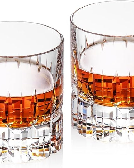 KAMMAK Crystal Whiskey Glasses Set of 2, Luxury 7.78oz Old Fashioned Glasses Stemless, Hand Blown Cocktail Glasses, Handcrafted Engraved Scotch Cup for Women, Men Gift for Bourbon Barware