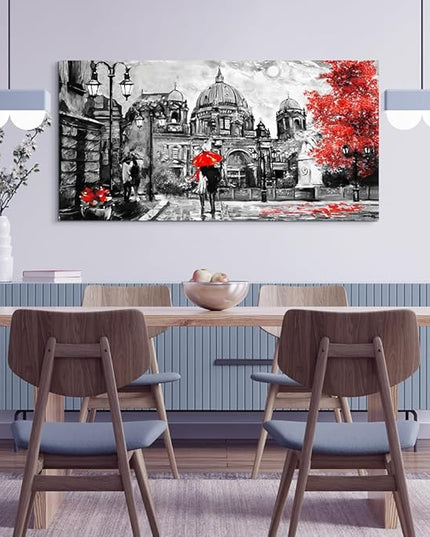 Black And White Buildings And Lovers Holding Umbrellas Under Street Lamps Canvas Art Print Artwork Wall Art For Living Room Large Size Wall Decor，Modern Home Decor Watercolor Wall Painting Decoration
