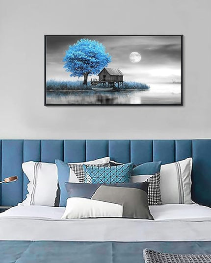 JEAWA Framed Canvas Wall Art Decor - Blue Gray Wall Art for Bedroom Study Dining Room, Winter Landscape Wall Art Canvas Paintings, Moon Pictures Wall Decor, Tree Art Wall Decor, 20x40 IN