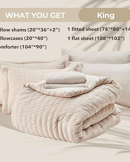 HYMOKEGE Beige King Size Comforter Set Seersucker 7 Pieces, All Season Luxury Bed in a Bag for Bedroom, Bedding Set with Comforters, Sheets, Pillowcases & Shams