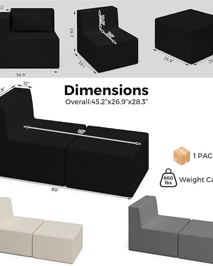 Minimalist Modular Corduroy Cloud Couch Sectional – Oversized Boneless Memory Foam Sofa for Living Room, Modern Comfy Couch, No Assembly Needed (Chaise Lounge, Black)