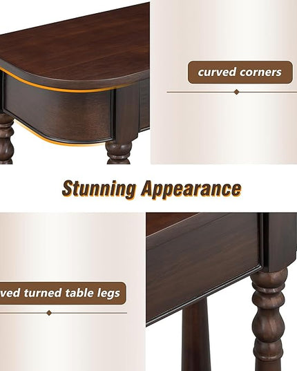 HMFULE Retro Curved Console Table, 36" Solid Wood Half Moon Console Table Sofa Table Entryway Table with 1 Drawer 1 Open Shelf Roman Legs Curved Corners for Living Room,Entryway,Hallway,Espresso