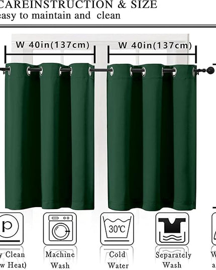 Simplebrand Ever Green Short Cafe Curtains 36 Inch Length 2 Panels Set, Half Window Grommet Privacy Drape Tiers for Kitchen, Thermal Insulated Room Darkening Curtains for Bathroom Shades, W40 x L36