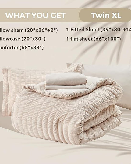 HYMOKEGE Beige Twin XL Comforter Set Seersucker 5 Pieces, All Season Luxury Bed in a Bag for Bedroom, Bedding Set with Comforter, Sheets, Pillowcase & Sham