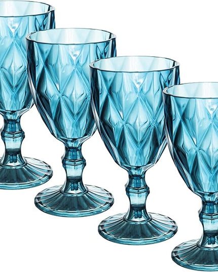 Vintage Wine Glasses Set of 4, Plastic Reusable 12 Ounce Colored Water Goblets, Unique Embossed Pattern Unbreakable Stemmed Wine Glasses, High Clear Wedding Party Bar Drinking Cups Blue Color