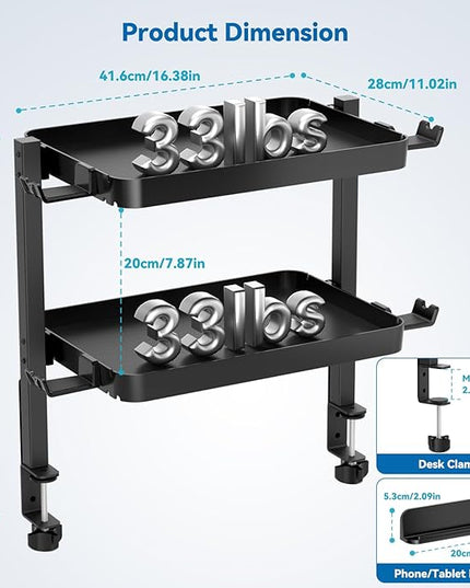 KDD Clamp On Desk Organizer - Adjustable 2-Tier Above or Under Desk Shelves with Large Capacity Tray, Phone & Tablet Holder, Headphone Hook - No Drilling Desktop Storage for Office & Home Accessories