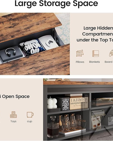 SEDETA 31.5" Lift Top Coffee Table with Storage, Square Coffee Tables for Living Room, Farmhouse Coffee Table with Large Hidden Storage Compartment and Adjustable Shelves, Black