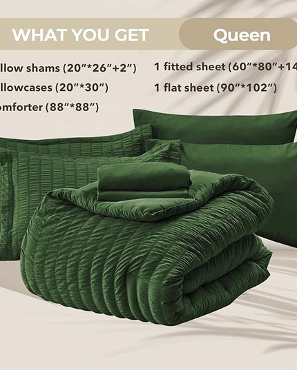 HYMOKEGE Dark Green Queen Comforter Set Seersucker 7 Pieces, All Season Luxury Bed in a Bag for Bedroom, Bedding Set with Comforters, Sheets, Pillowcases & Shams