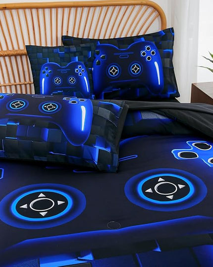 PERFEMET 6 Pieces Gamer Comforter Sets Kids Queen Size Blue Gamer Comforter Bed in A Bag for Boys Teen 3D Cool Video Gaming Black Bedding Set(Blue, Queen)