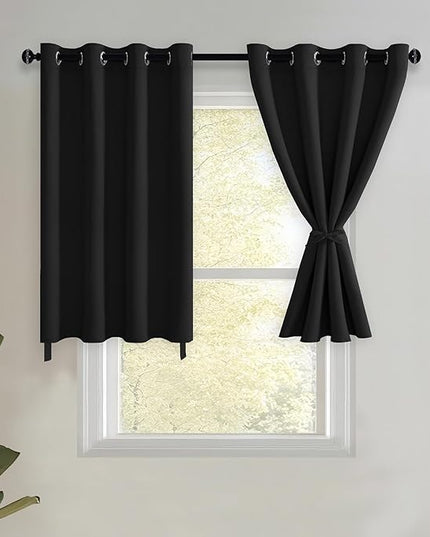 JIUZHEN Short Curtains Kitchen Half Window Blackout Curtains with Tiebacks for Baseroom Shadows, Grommet Curtains for Living Room, Set of 2 Window Curtain Panels, 52 x 30 Inch Length，Black