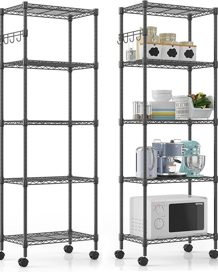 Himimi 5-Tier Wire Shelving Unit on Wheels, Adjustable Heavy Duty Metal Shelves with Side Hooks, Metal Organization Wire Rack for Kitchen Garage Basement, 13" L x 23" W x 72" H, Black