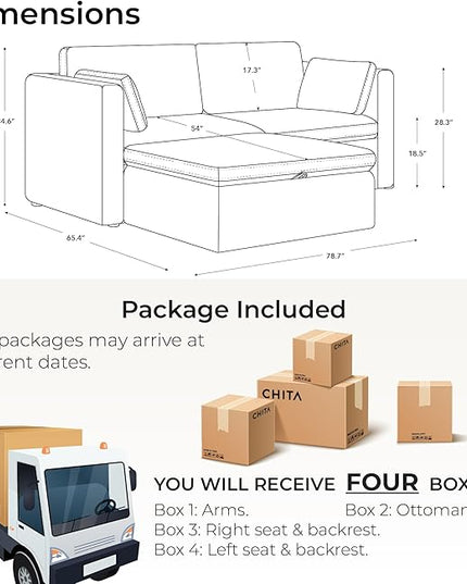 CHITA Modular Sectional Sofa, FSC Certified L Shaped Couch with Reversible Chaise, Modular Sectional Couch for Samll Space,78 Inch Width, 3 Seat Modular Sofa with Storage Ottoman, Blue