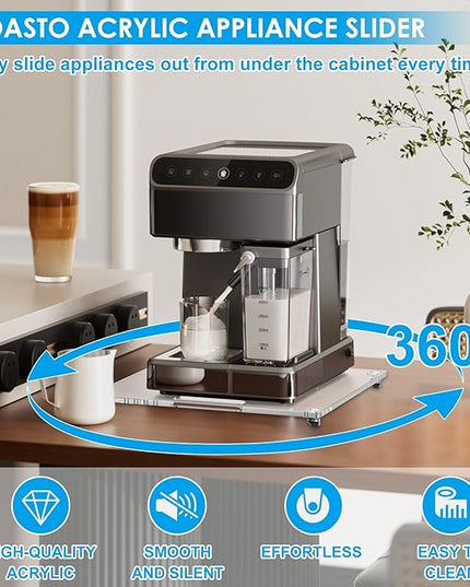 360° Rolling Sliding Tray for Coffee Maker & Kitchen Appliances, 14" x 13" Acrylic Appliance Sliders with Silent Rubber Wheels, Coffee Maker Slider Tray for Countertop Moving