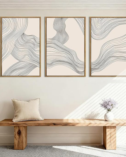 Neutral Abstract Wall Art Framed Modern Beige Wave Wall Decor for Bathroom Living Room Bedroom 16x24 Inch Set of 3