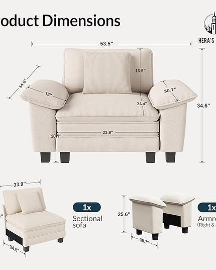 HERA'S HOUSE 54" Modular Sectional Sofa Couches for Living Room, Comfy Cloud Couch 1-Seater Deep Seat Sofa with Throw Pillow, Chenille Beige