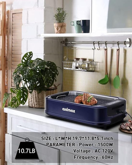 Electric Indoor Grill Griddle, CUSIMAX Smokeless Grill, Portable Korean BBQ with Turbo Smoke Extractor Technology, Non-stick Removable Plate & Griddle Plates
