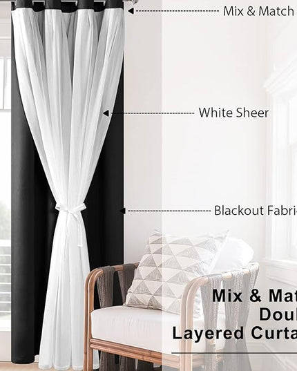Hiasan Black Blackout Curtains with Sheer 84 Inches Long, Thermal Insulated Mix & Match Double Layer Room Darkening Curtains for Bedroom, Living Room, 2 Window Drape Panels with Tiebacks, 38W X 84L