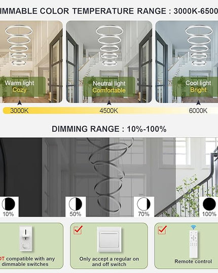 5-Rings Modern LED Chandelier Silver High Ceiling Chandelier with Remote Control Dimmable Pendant Lighting for Dining Room Foyer Living Room Entryway Staircase(3000K-6500K, D23.6’’)