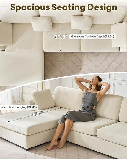Tbfit L Shaped Couch, Oversized 108" Modular Sectional Sofa with Convertible Chaise, Comfy 4 Pillows Sofa for Living Room, Cream