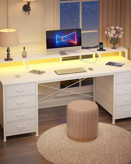 60 Inch Computer Desk with 8 Fabric Drawers, Gaming Desk with LED Lights & Power Outlets, Home Office Desk with Monitor Stand, White