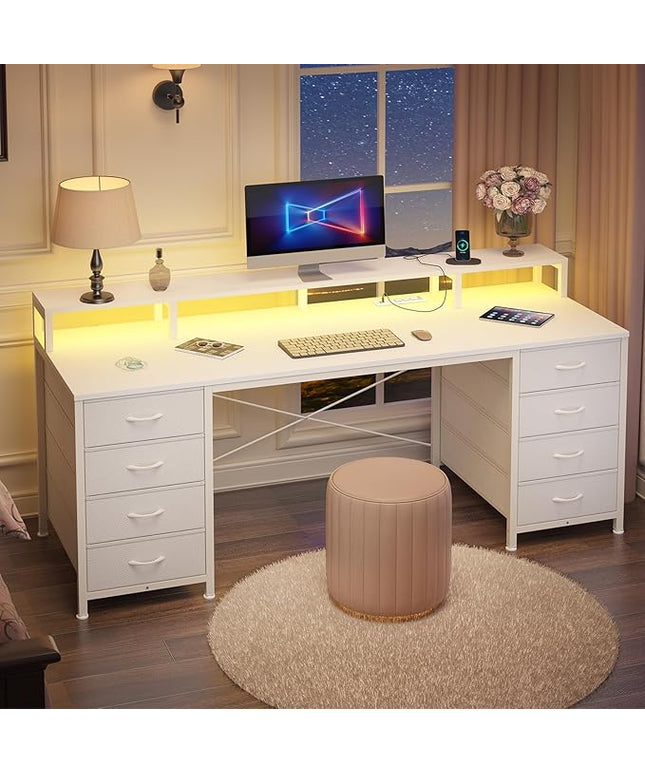 60 Inch Computer Desk with 8 Fabric Drawers, Gaming Desk with LED Lights & Power Outlets, Home Office Desk with Monitor Stand, White