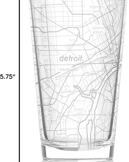Well Told Engraved Detroit Michigan Map Pint Glass, Etched Beer Gift (16 oz, Clear) City Map Pint, Custom City Glassware, Gifts For Beer Lovers