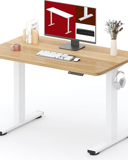 SANODESK Standing Desk Height Adjustable Electric 40x24 Inches Sit Stand Desk for Home Office with Splice Board, White Frame/Maple Top