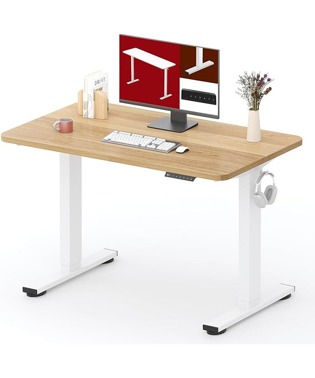 SANODESK Standing Desk Height Adjustable Electric 40x24 Inches Sit Stand Desk for Home Office with Splice Board, White Frame/Maple Top