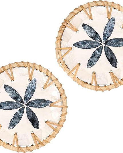 uxcell 2Pcs Handmade Woven Rattan Coasters, Heat-Resistant Drink Coasters for Coffee Table Dining Room Kitchen Coffee Wine Decor, Deep Blue Petal