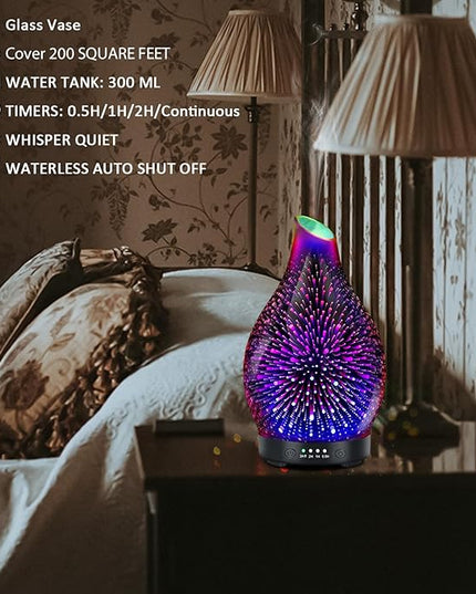 Essential Oil Diffuser 120ML -3D Firework Glass Aromatherapy Diffusers for Essential Oils with 4 Timer Setting Waterless Auto Shut-Off Silent Operation 7 Colors Lights Changing for Room, Office, Yoga