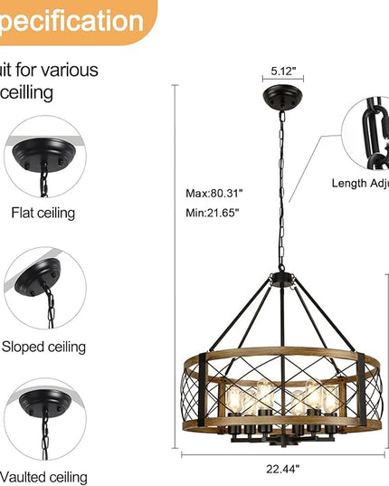 Modern Chandelier for Dining Room, 6-Light Wood Grain Finish Farmhouse Chandelier, 22.5” Rustic Drum Hanging Light Kitchen Island, Round Metal Hanging Light Fixture for Foyer, Entryway, Bedroom