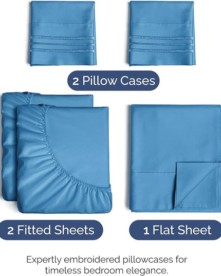 Split King Size 5 Piece Sheet Set - Comfy Breathable & Cooling Bed Sheets Set - Hotel Luxury Bedding for Women, Men, Kids, Teens, Boys & Girls - Deep Pockets and Wrinkle Free - Oeko-Tex - Denim Blue