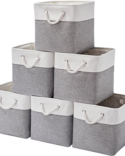 13 x 13 Inch Storage Cubes,6 Pack Cube Storage Bins for Shelves，Fabric Collapsible Storage Bins with Handles, Foldable Storage Basket for Organizing Clothes, Toys, Books (White&Gray)