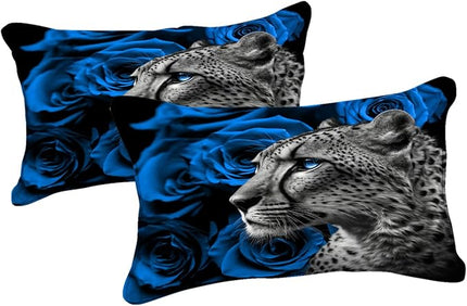 Merryword 8 Pieces Cheetah Leopard Bed in a Bag Blue Rose Comforter Set California King Size Blue Flower Bedding Tiger Lion Wild Animal Comforter Set