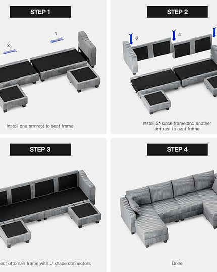 Belffin U Shaped Couch with Reversible Chaises Sectional Couches for Living Room Sectional Couch with Ottomans Corduroy (Light Grey, U Shaped)