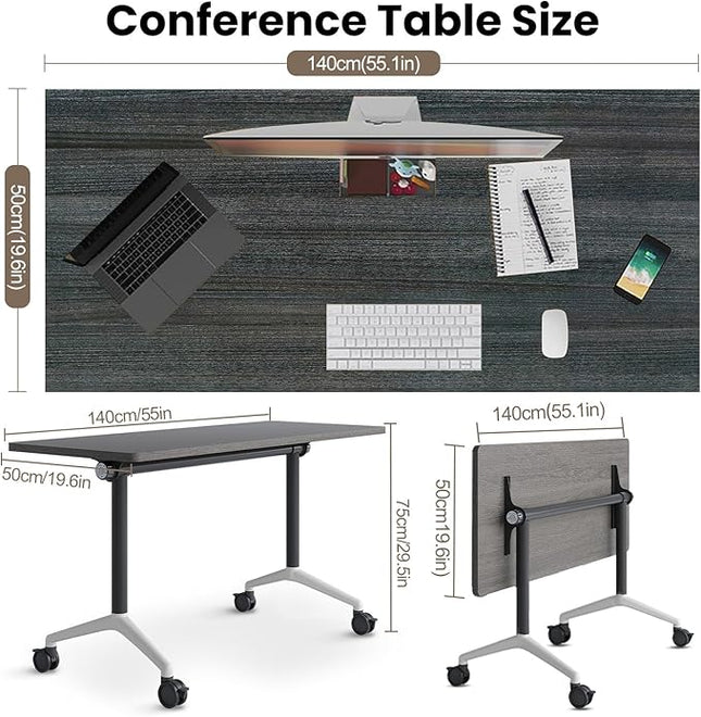 Conference Table, Folding Conference Room Tables, Modern Flip Top Seminar Training Meeting Table with Wheels, Modular Foldable Conference Tables for Home Office Classr (Gray 2 Pack 55.1inch)