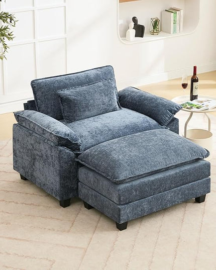 53" Modular Sectional Sofa, Comfy Cloud Couch Sectional Sofa with Ottoman, Chenille Sofa Sleeper Deep Seat Sofa with Throw Pillows for Living Room (Blue)