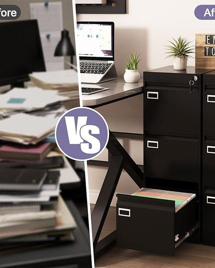 3 Drawer Metal File Cabinet with Lock, Small Locking Filing Cabinets, Vertical File Cabinet with Key, Black Under Desk Filing Cabinets for Home Office