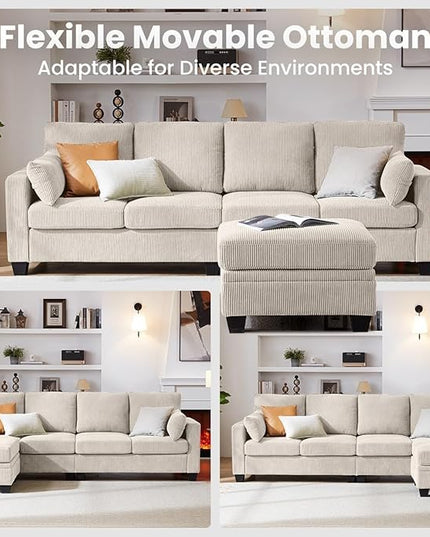 CHIC HOUSE Corduroy Modular Sectional Couch with Ottoman Chaise, L/U Shaped Sleeper Sofa for Living Room, Apartment, Lounge, Modern Armrest Neck Support Furniture (5 Seater Sectional, Beige)