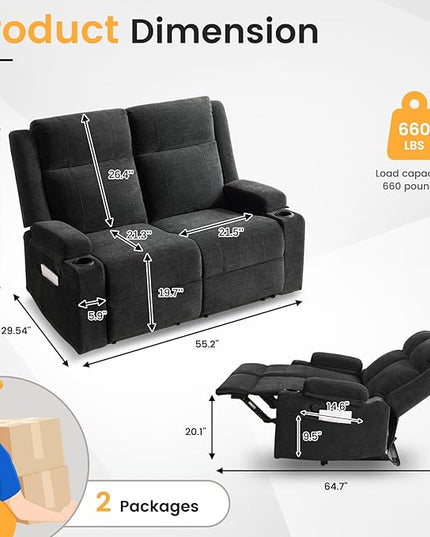 Loveseat Recliner, Loveseat Sofa with Adjustable Footrest, Wall Hugger Recliner for Living Room & Home Theater & RV(Black)