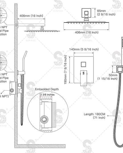 SR SUN RISE Polished Chrome Square Rainfall Shower Head and Handle Set, Wall Mounted Shower Fixtures, Metal Shower Faucet Trim Repair Kits (With Shower Valve) 16 Inches
