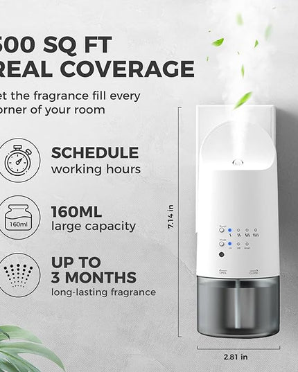 Plug-in Waterless Essential Oil Diffuser - 500 Sq.ft Coverage,Range Nano Mist Technology -160ML, Auto Day/Night Modes,Plug in Diffuser for Large Room, Spa, Office, Kid/Pet Safe - White