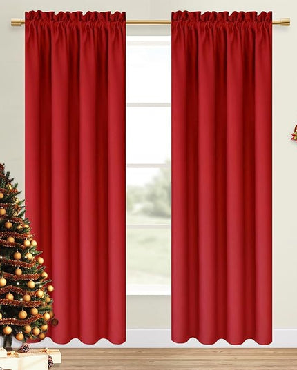 DWCN Christmas Blackout Curtains for Bedroom – Thermal Insulated Energy Saving Drapes for Living Room, Red, W 38 x L 84 Inch, Set of 2 Rod Pocket Curtain Panels