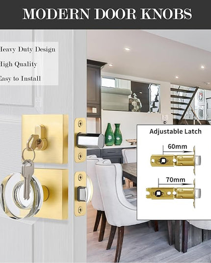 Exterior Glass Door Knob with Single Cylinder Deadbolt Lockset, Entry Crystal Door Knob with Deadbolt, Gold Front Door Lock Set, Satin Brass Front Door Handle and Deadbolt Set