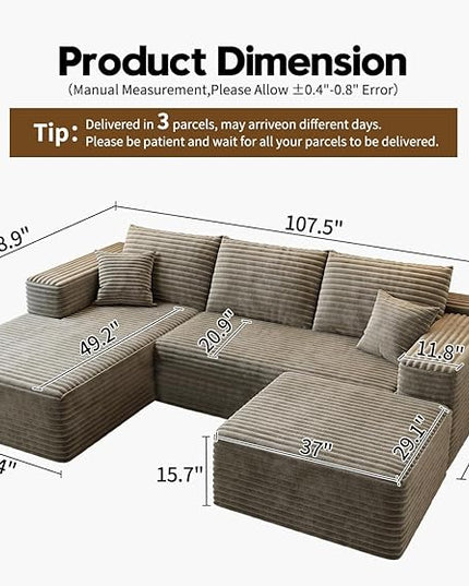 107.5" Cloud Modular Sectional Couch with 1 Ottoman,Modern Minimalist Upholstered Couches, Comfort U Shaped Sofa for Living Room,Deep Seat Corner Couch，No Assembly Required (Camel,Left Facing Chaise)