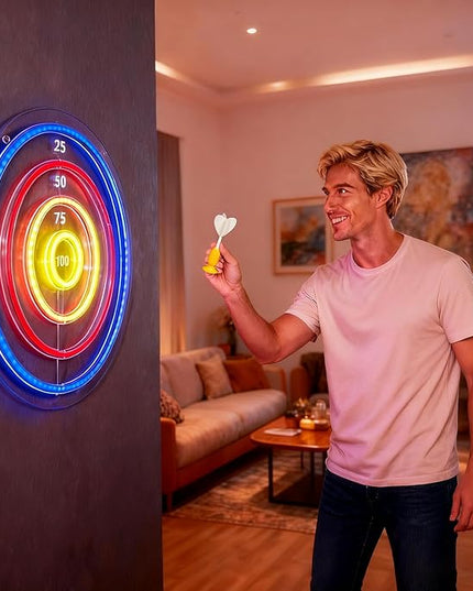 Dartboard Neon Sign for Wall Decor - Stylish LED Light & Playable Dartboard Combo with 10 Suction Cup Darts for Game Rooms, Bars, Man Caves, Home Theaters